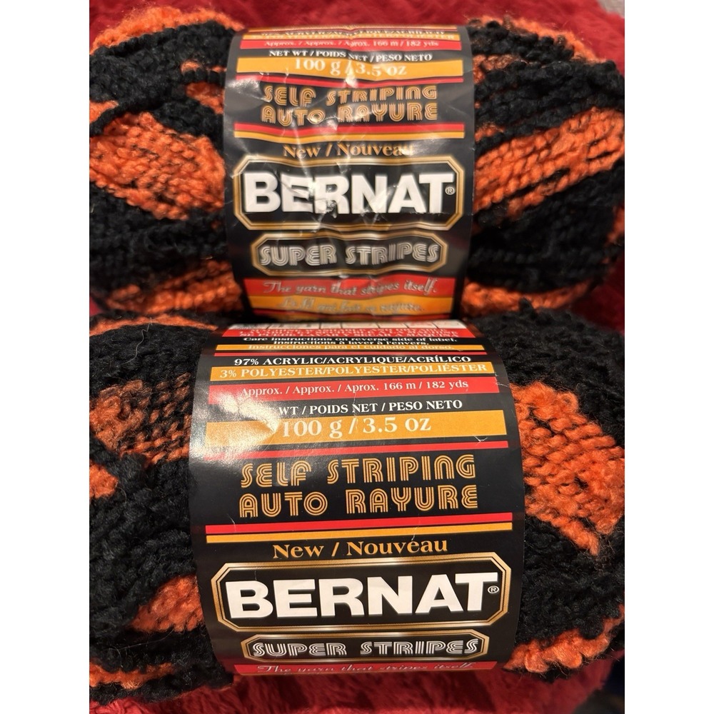 2 Skeins Bernat Super Stripes Black & Orange Self Striping #5 Bulky 7oz. 264yd